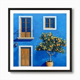 Orange Tree On Blue House Art Print