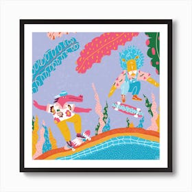  Skating Pink Crocodile And Yellow Lion Square Art Print