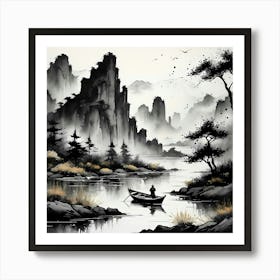 A serene river with small boat surrounded by the breathtaking cliffs Art Print