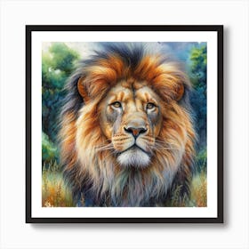 A Majestic Lion, Rendered In Vibrant Watercolours, Stands Tall And Proud Against A Backdrop Of Lush Greenery Art Print