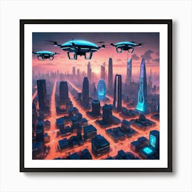 Futuristic Cityscape With Drones Art Print