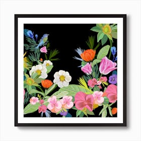 Lovely Flowers And Cute Bird Pattern Art Print