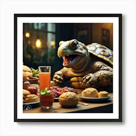 Tortoise Eating Greedily All The Delicious Food And Drinks Art Print