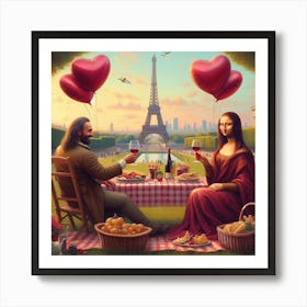 Mona Lisa and Da Vinci  picnic at Eiffel Tower Art Print