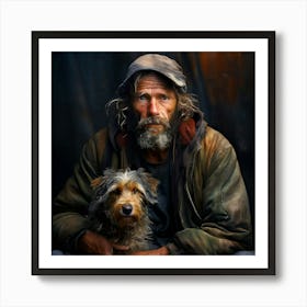 Watercolor Homeless Man With Dog Studio Photography Complex Details High Detail Art Print