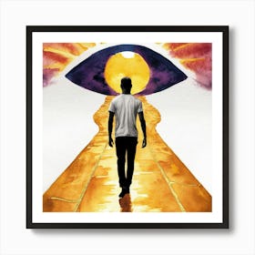 Golden Gate Watercolor depicting a surreal portrait of a man walking along a path leading to an eye-shaped hole in the horizon, against a bright sunset sky, monochrome, shimmering gold accenting the path., illustration, photo, 3d render, painting, portrait photography Art Print