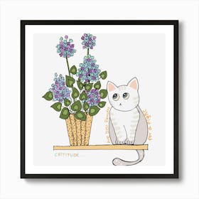 Cute Cat With Flowers Funny Design Art Print