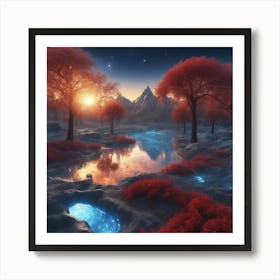 This Is A Surreal, Intricate Sunset Cg Rendering Graph,A Red And Blue Fountain Of Life,The Transpare (1) Art Print