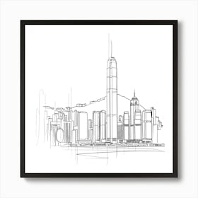 Hong Kong Skyline, minimalist, line art, black and white. Art Print