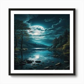 Full Moon Over Lake Art Print