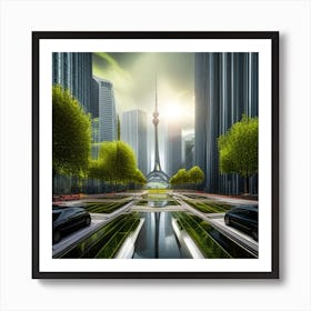 green garden in a central of futuristic city, year 2050 with cars Art Print