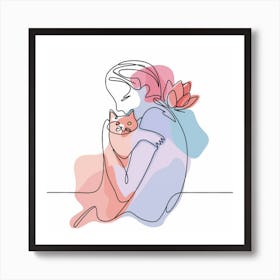 Woman Hugging Cat Art Print