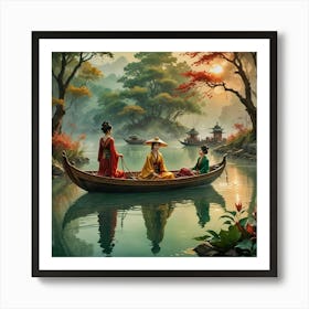 Asian Women In Boat Art Print