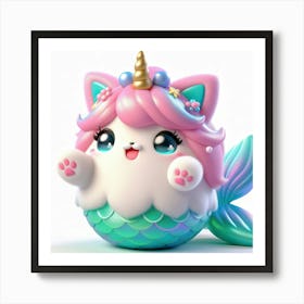 Fluffy 3D image of mermaid caticorn 8 Art Print