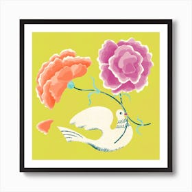 Peony Flowers And A White Dove On Green Square Art Print