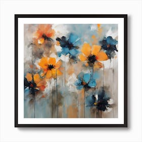 Blue And Orange Flowers Art Print