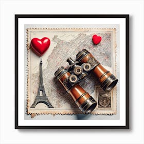 Firefly A Paris, France Vintage Travel Flatlay, Binoculars, Small Red Heart, Map, Stamp, Flight, Air Art Print