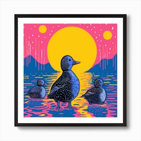 Pink Linocut Style Ducks In The Moonlight 1 Art Print
