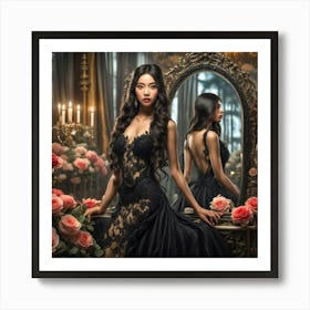 Asian Woman In A Black Dress Art Print