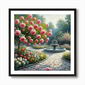 Rose Garden With The Fountain, Acrylic Style Painting 14 Art Print