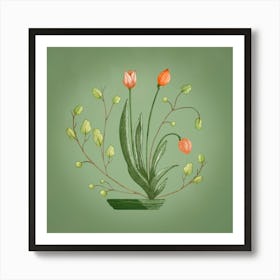 Tulips Ikebana Style on Green Art Print