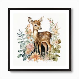 Watercolor Forest Cute Baby Deer 1 Art Print