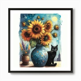 Sunflowers And Cat watercolor pestel painting Vase With Three Sunflowers With A Black Cat, Van Gogh Inspired Art Print.. 1 Art Print