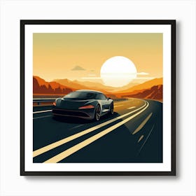 Sports Car On The Road At Sunset Art Print