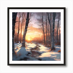 Winter Sunset across the Icy Woodland Stream Art Print