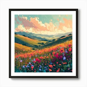 Flowering Meadow At Full Bloom Rolling Hills Background Nature Inspired Artwork Big Earthy Tones Art Print