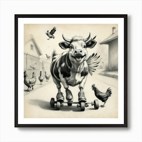 Cow On Skateboard Art Print