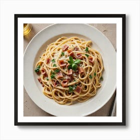 Elegant Pasta Dish A Plate Of Elegant Pasta Such As Spaghetti Carbonara Topped With Crispy Pancetta Art Print