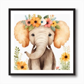 Floral Baby Mammoth Nursery Illustration (29) Art Print