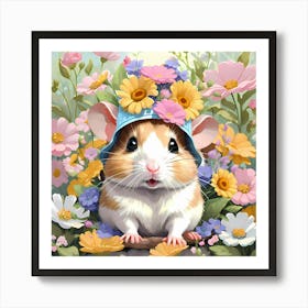 Hamster With Flowers Hat Artwork For Kids Art Print
