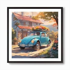 Honeymoon Hippie Hop: Cruisin' in a Flower-Powered Love Bug Art Print