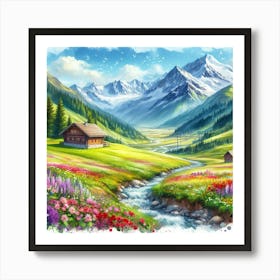 Watercolor Of A Mountain Landscape Art Print