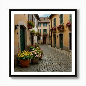 A Picturesque European Village With Cobblestone Streets, Historic Buildings, And Blooming Flower Boxes 1 Art Print