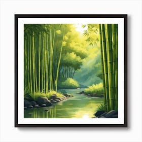 A Stream In A Bamboo Forest At Sun Rise Square Composition 124 Art Print