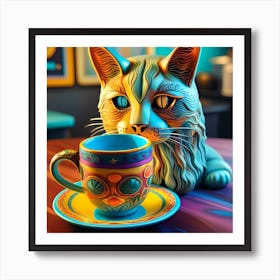 Cat With Cup Whimsical Psychedelic Bohemian Enlightenment Print Art Print