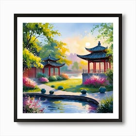 Water Color Oil Painting Of A Tranquil Zhen Garden 1 Art Print