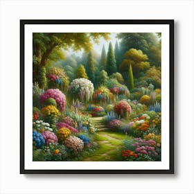 Realistic Oil Painting Of A Lush Garden Bursting With Colorful Flowers And Greenery, Style Realistic Oil Painting 2 Art Print