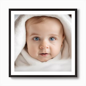 A Very Cute Little White Caucasian Baby Kid Wrapped In Soft White Blanket On A Bed Art Print