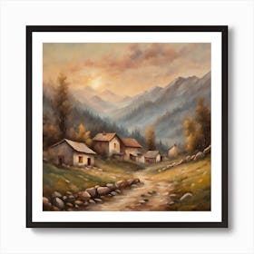 Vintage oil painting style soft colours peaceful sunrise mountain house square format Art Print