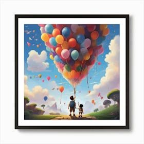 Up Boy And Girl Holding Balloons Art Print