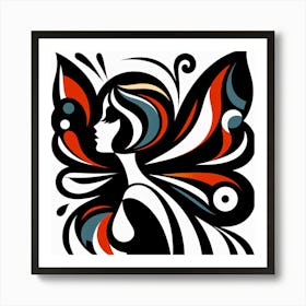 Abstract Butterfly Woman in Black Red & Blue Art Print