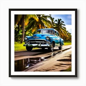 Car Grass Cuba Classic Car Road Communication Lamp Small Headlamp Caribbean Havana Blue (1) Art Print