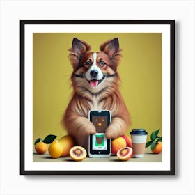 A Cute Animated Brown Dog Holding A Ipadiphone Art Print