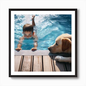 Boy And Dog In The Pool Art Print