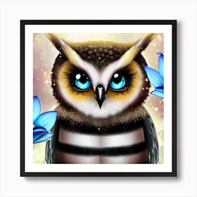 Owl With Blue Flowers 5 Art Print