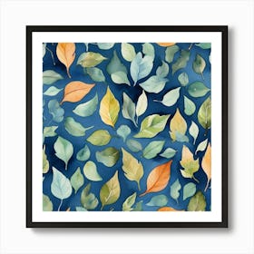 Watercolor Leaves On Blue Background Art Print 1 Art Print